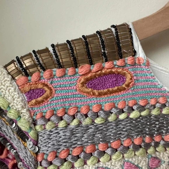 RAGA Anthropologie Embroidered Beaded Open Front Small Boho Tassel Top Blouse - Picture 3 of 8